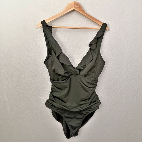 RALPH LAUREN | Olive Green One Piece Swimsuit Ruffle Surplice Ruched | Size XL - Picture 2 of 7